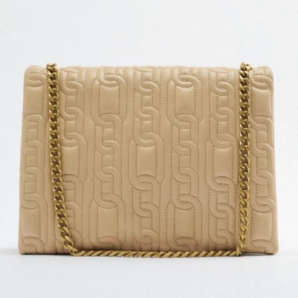 Zara Quilted Cream Medium Chain Shoulder Hand Bag